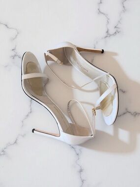 Stuart Weitzman White Patent Leather Open-Toe Ankle-Strap Stilettos